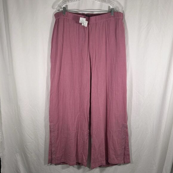 New Ashley Stewart Pants Women's 18 20 Pink Pull On Wide Leg Slit 100% Cotton - Picture 1 of 10